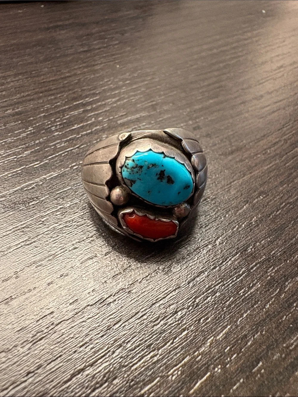 Vintage Navajo Sterling Silver Turquoise and Coral Shadowbox Ring Men’s 9.5-10.5